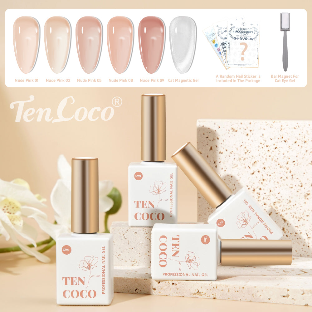 Nude Gel Nail Kit with Crystal Cat Eye – 6 Colors 12ml Magnetic Gel Set with Magnet